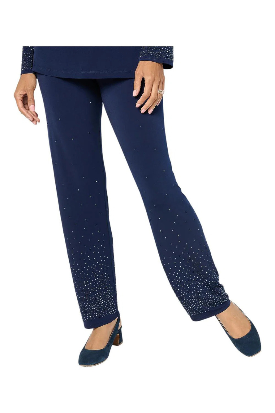 Susan Graver Occasions Women's Liquid Knit Pants w/Embellishment Navy - Petites